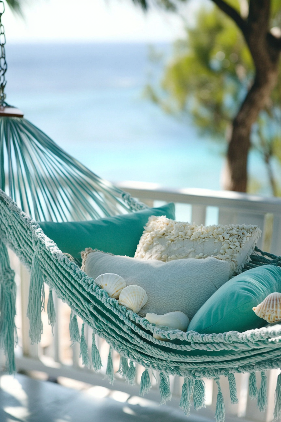 Coastal living. Turquoise hammock with white seashell trimmings.