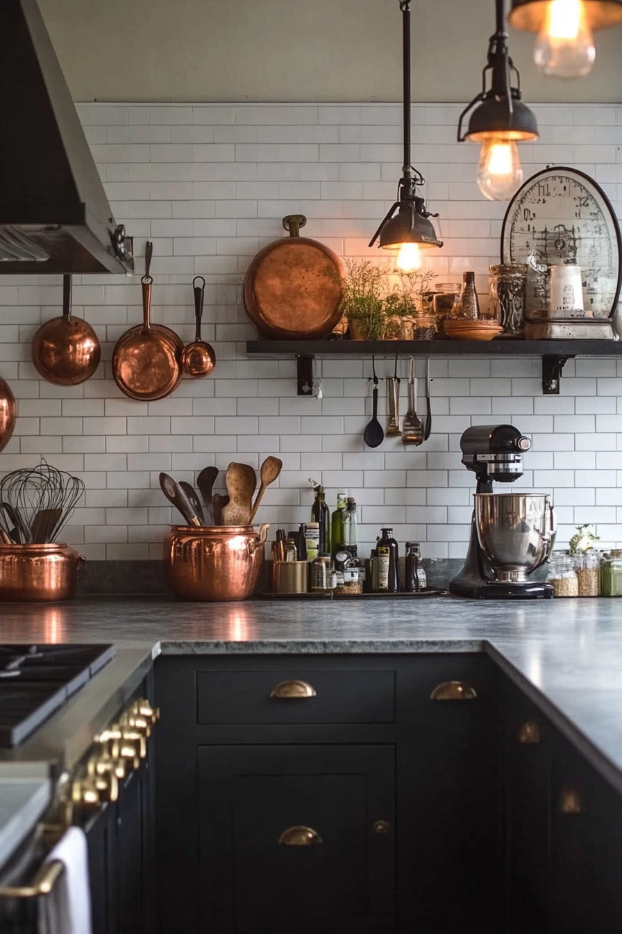 Kitchen. Espresso soapstone countertops, mounted copper pots, vintage scale artfully arranged, industrial bulbs above.