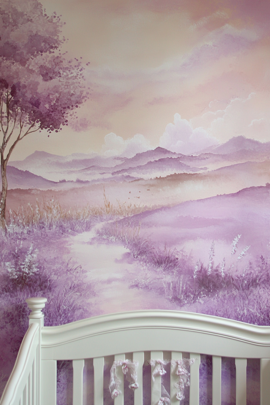 Mural in baby room. Fen-based design in soft cloud-varied purples.