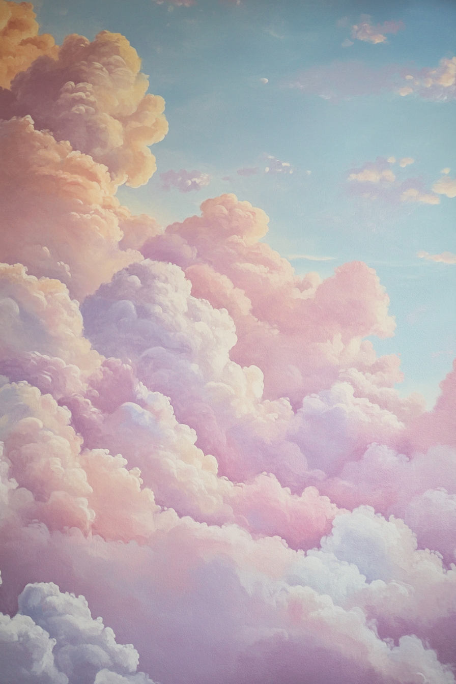 Baby room mural. Pastel pink clouds highlighted by soft morning sunlight.