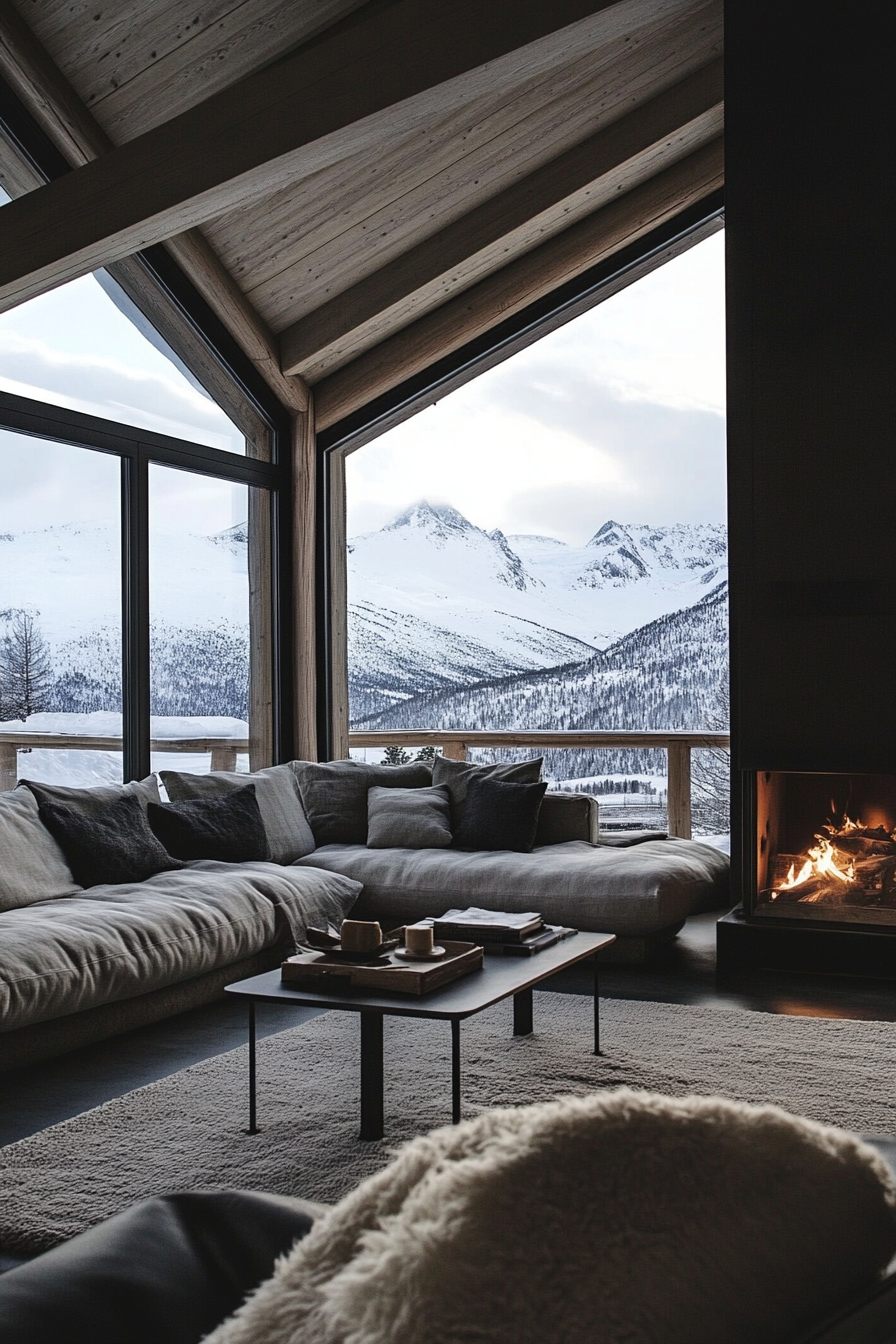 Contemporary Alpine Living. Wide windows overlooking snowy mountain peaks.