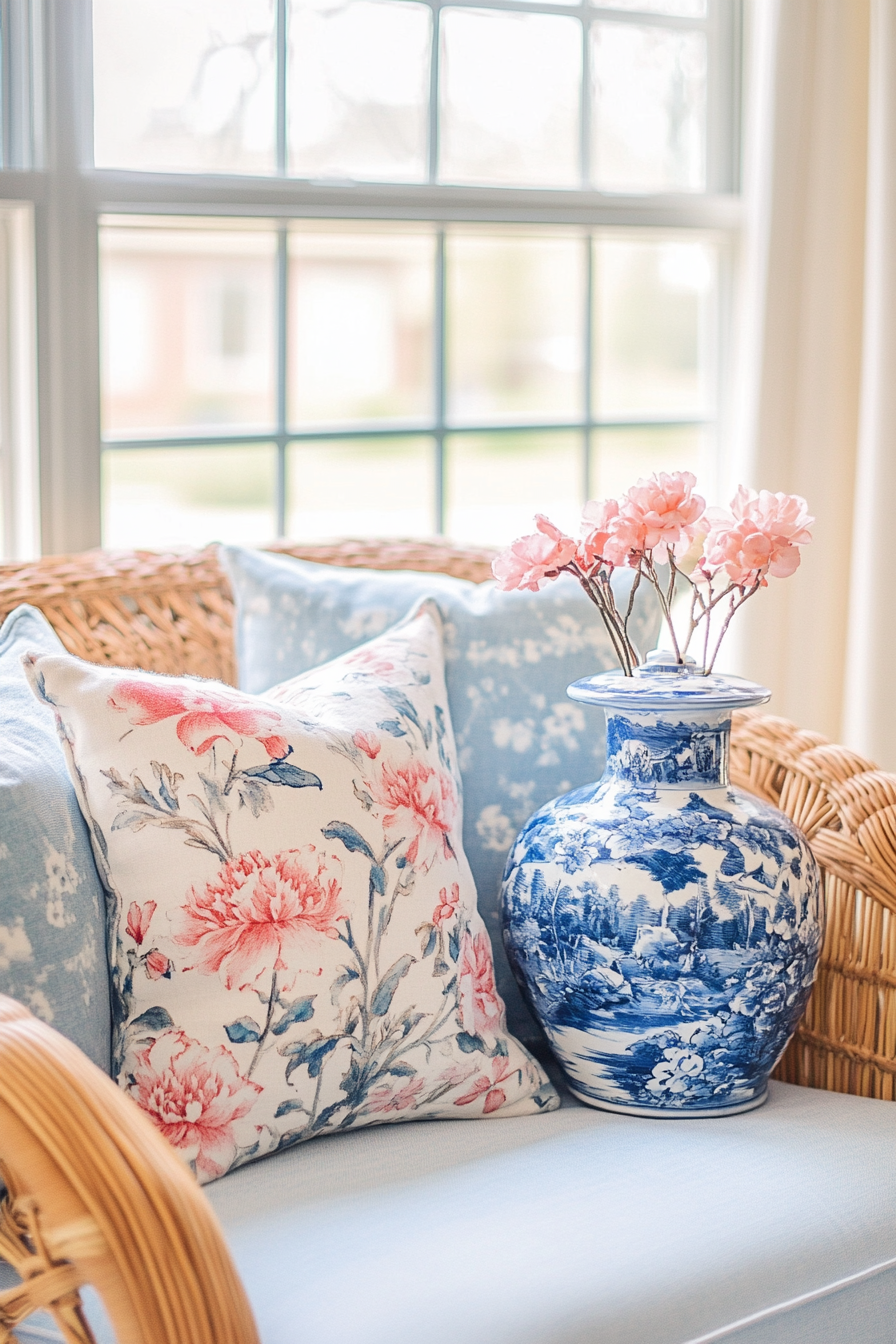 Coastal living space. Vintage floral throw pillows on a rattan couch with blue chinoiserie vase.