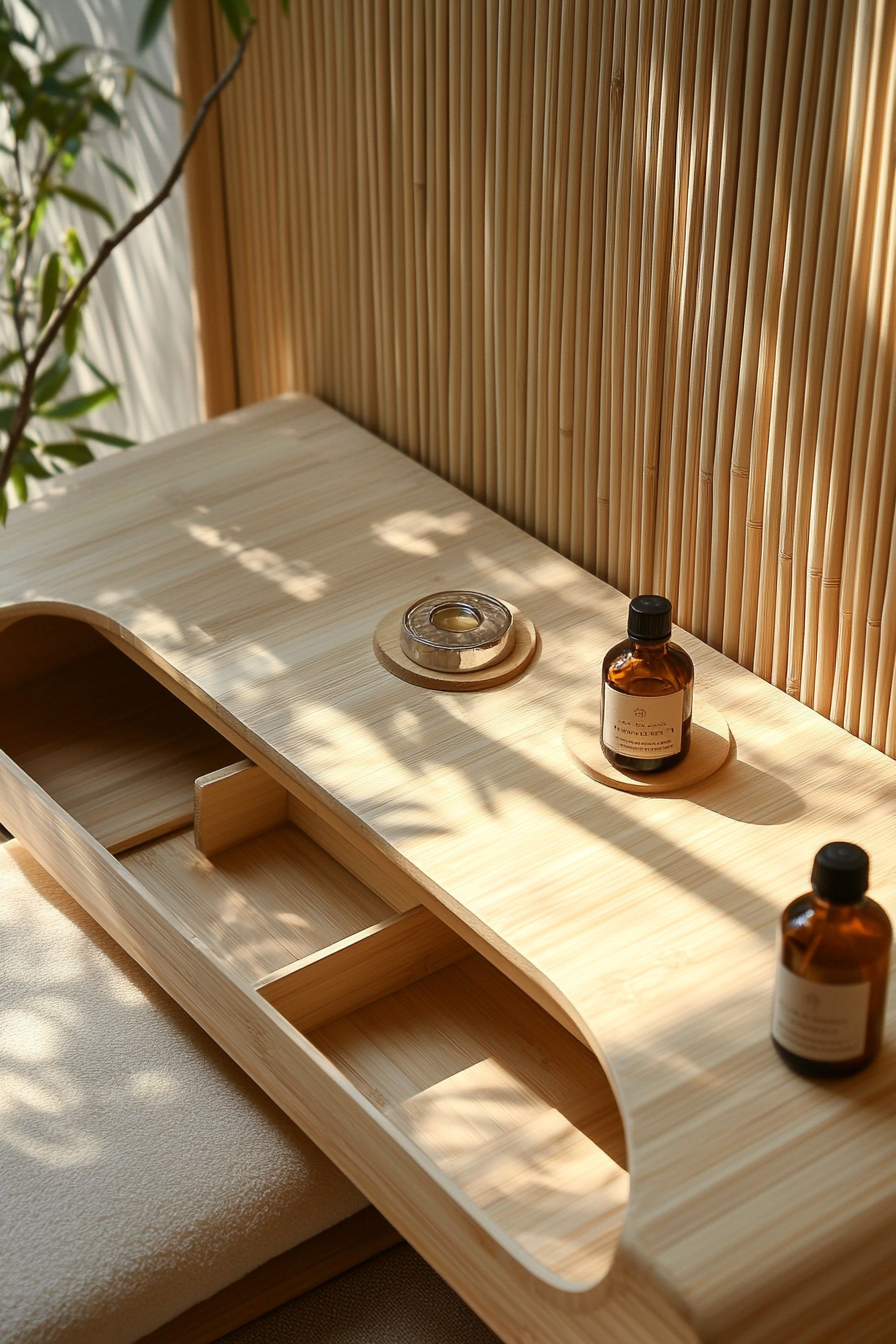 Compact meditation space. Sunlit bamboo bench with essential oil setup and hidden floor cushion compartment.