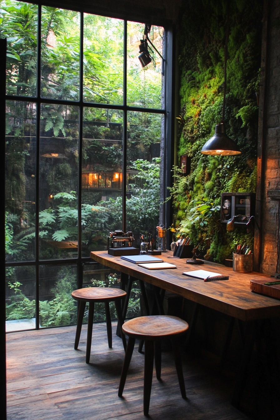 Workspace. Modular teakwood desk facing verdant moss wall under vast factory-style windows.