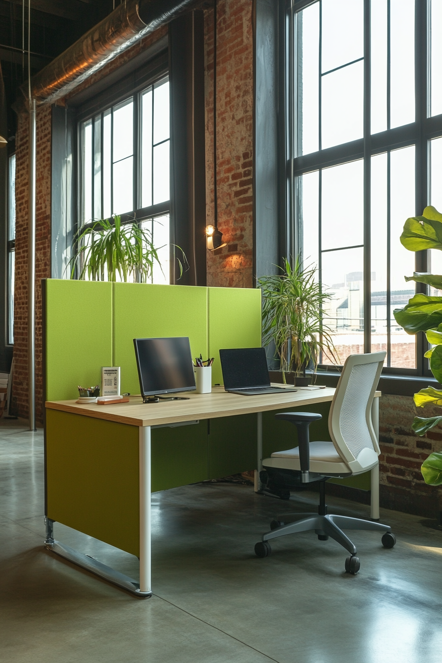 Remote workspace. Modular desk system, convertible nook, green wall divider, under industrial glass windows.