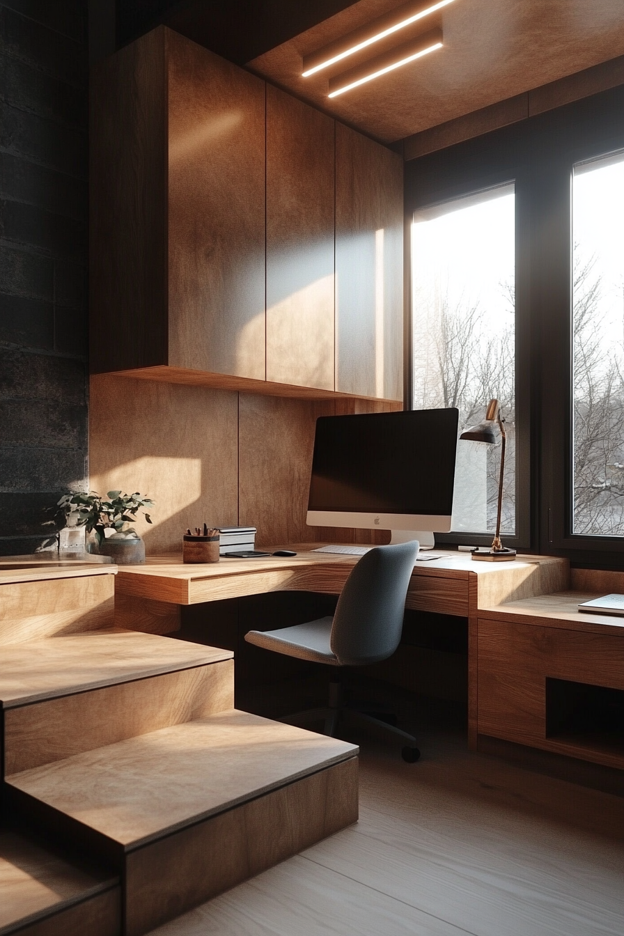 Multifunctional remote workspace. Modular desk system by window, stairs leading to convertible meeting nook.