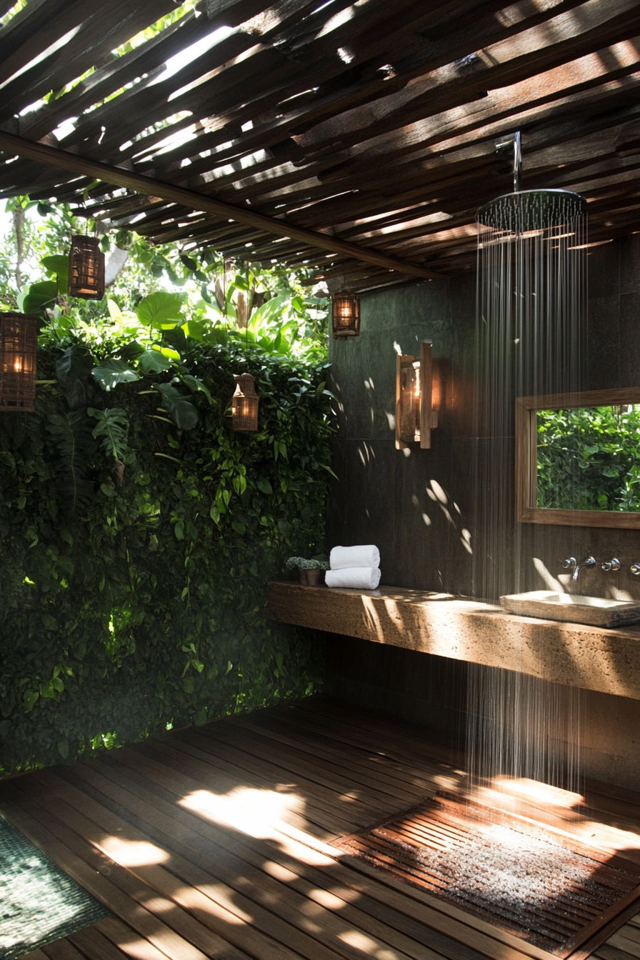 Luxurious outdoor bathroom. Teak flooring, living privacy wall under pergola with rain shower.