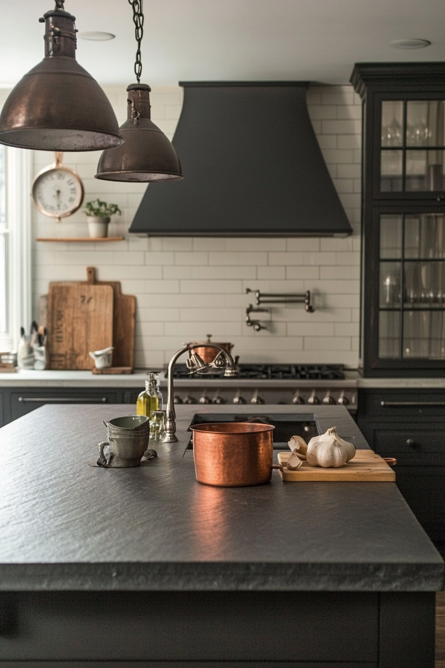 Welcoming kitchen. Soapstone countertops, copper pots, vintage scale, industrial pendants.