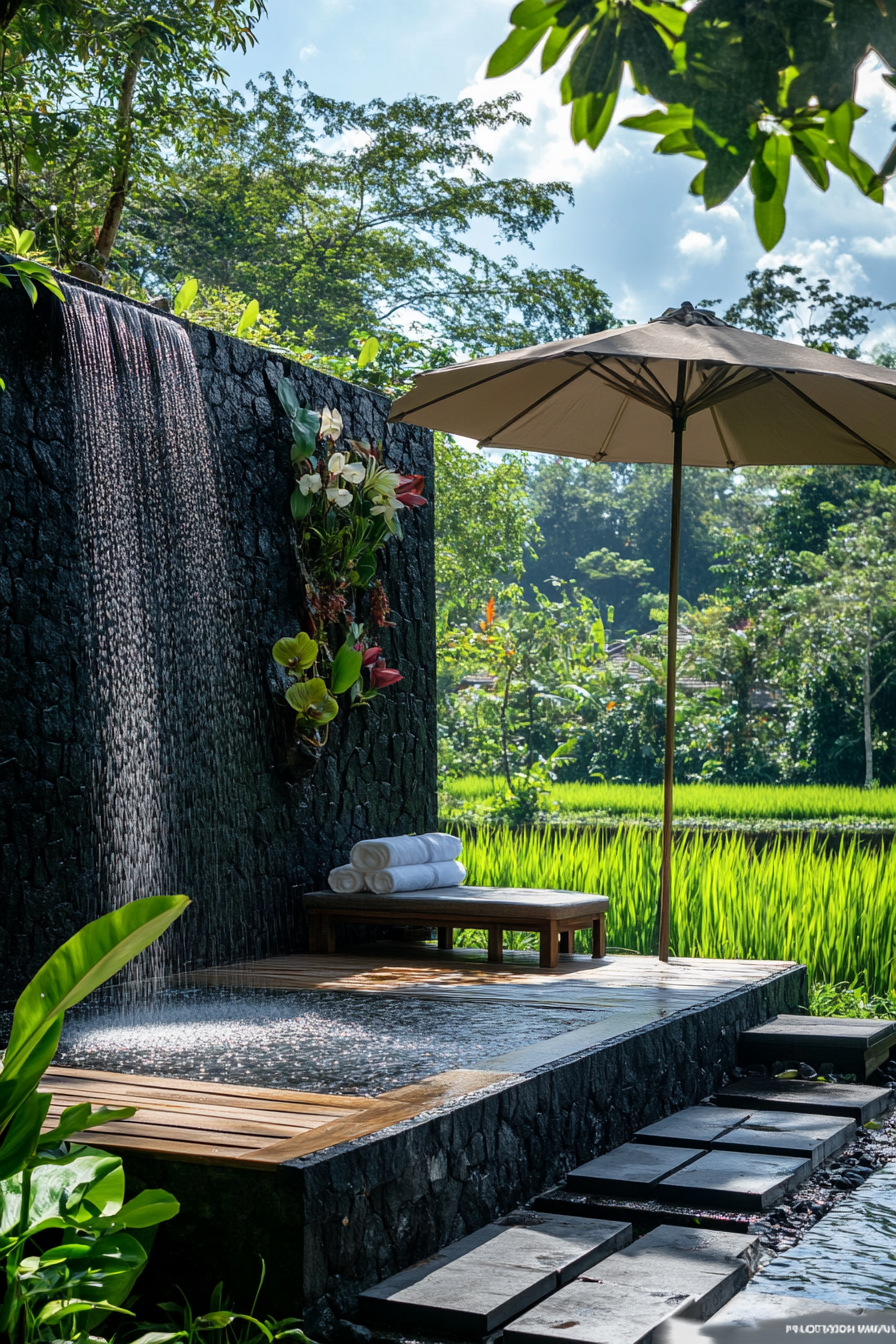 Outdoor shower. Black lava stone walls, teak platform, living orchid wall, rice paddy view.