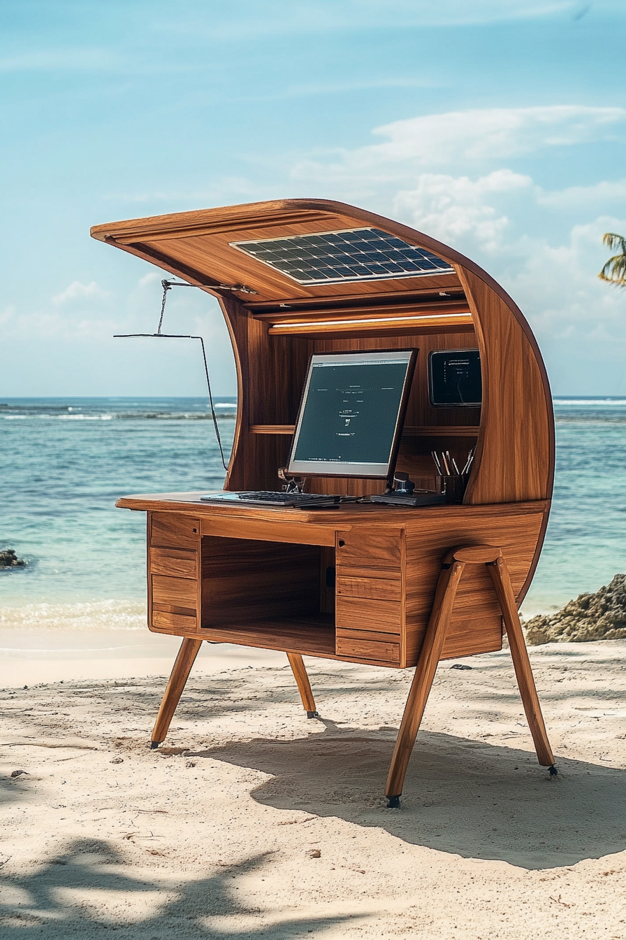 Flexible mobile office. Convertible teak wood workstation against ocean backdrop, fitted with solar-powered tech.