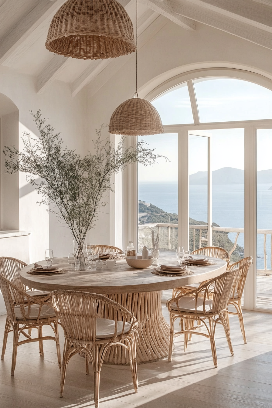 Airy dining room. Yukon blonde floors, rounded wicker furnishings, and panoramic sea vista.