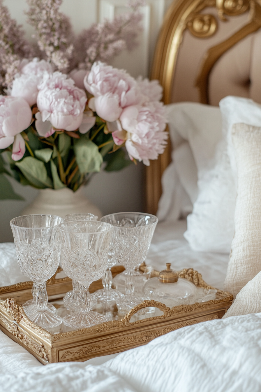 Bedside setup. Gold-trimmed vintage tray with crystal glassware and lilac peony bouquet.