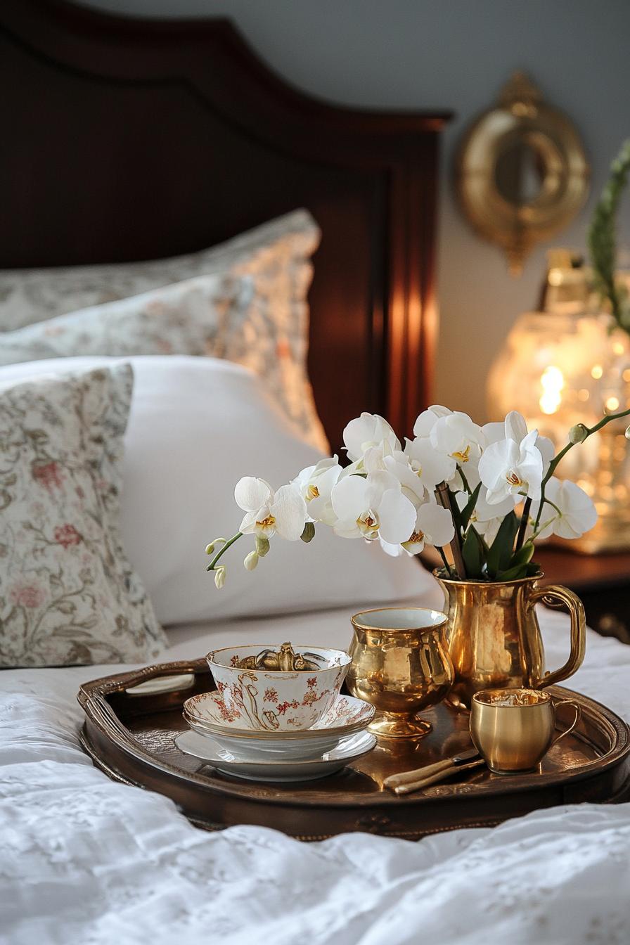 Bedside setup. Antique trays, gold servingware, orchid arrangement.