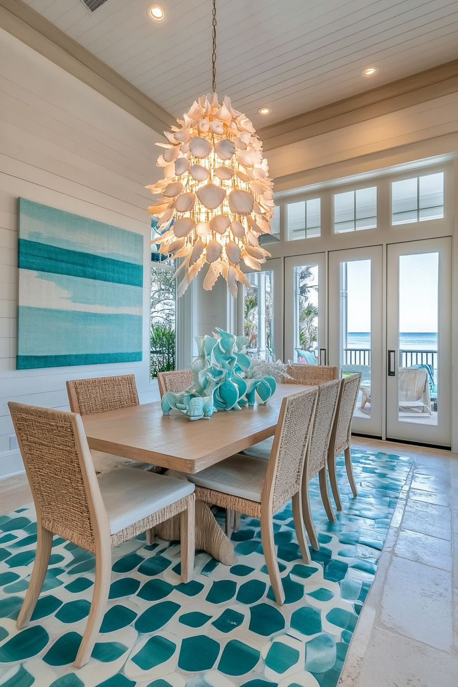 Dining room. Bleached brunette floor, white seashell chandelier, and teal geometric area rug.