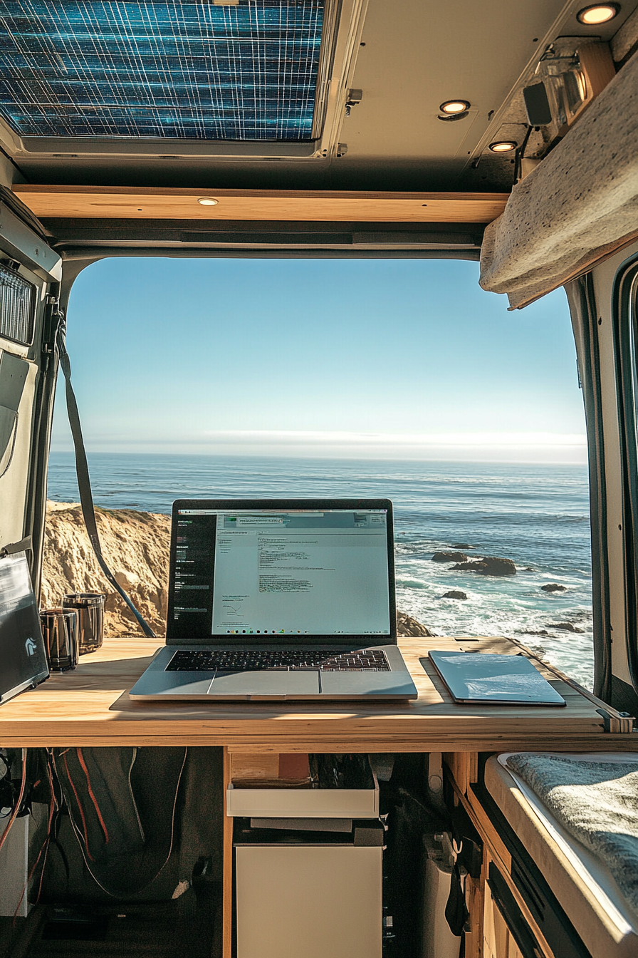 Mobile office. Convertible workstation with ocean-view, powered by solar technology.