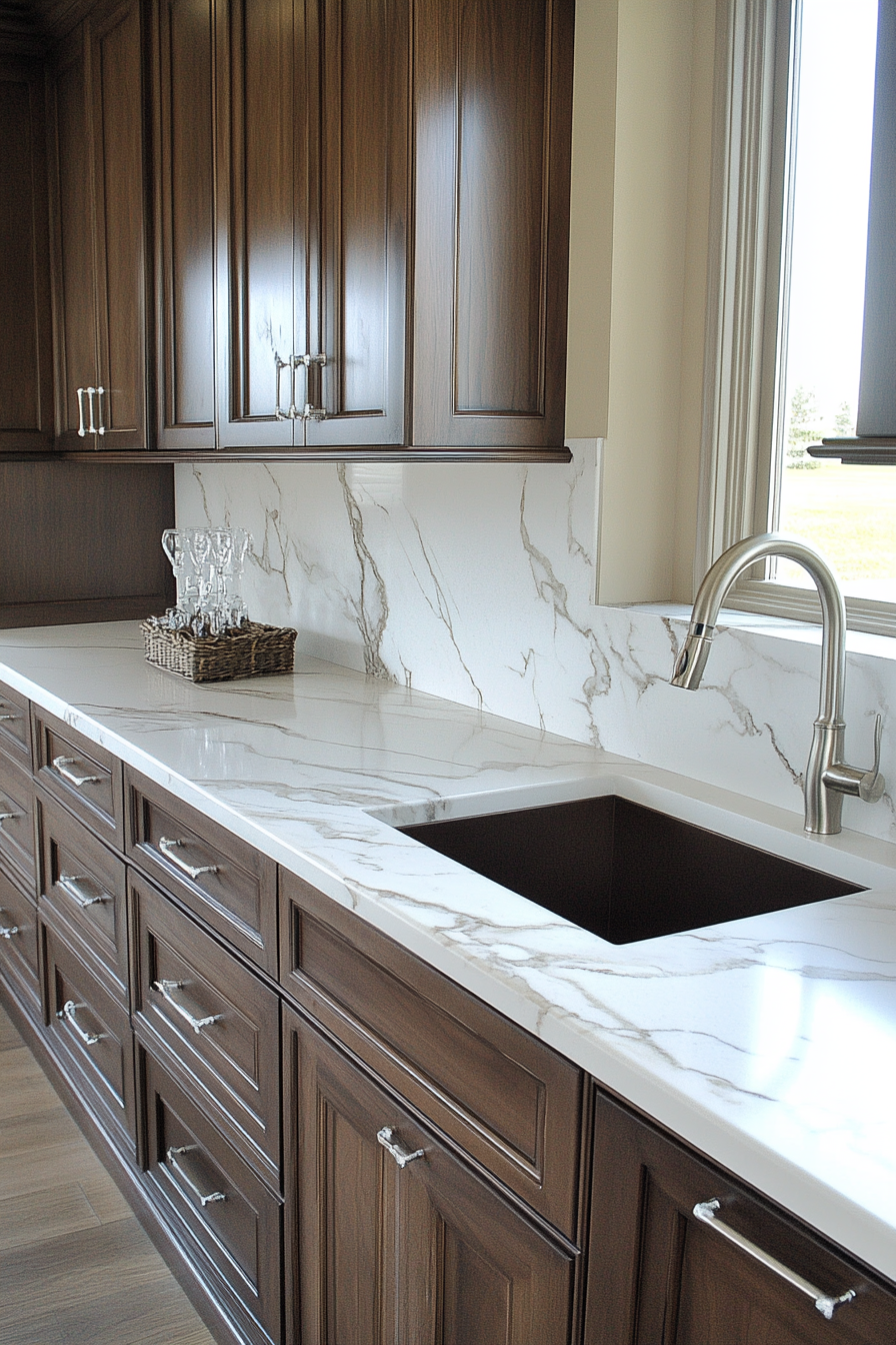 Premium kitchen design. Calacatta marble countertops with dark walnut cabinetry.