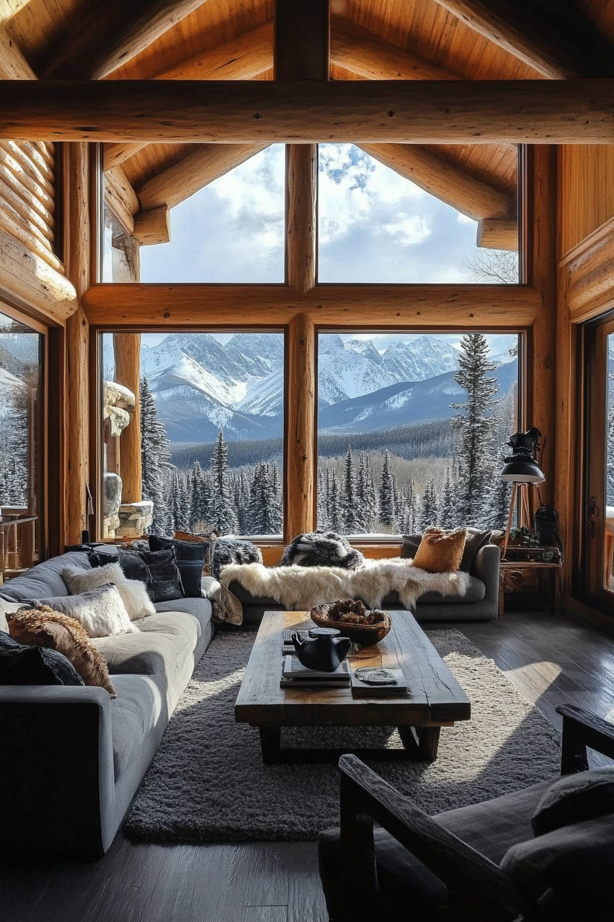 Contemporary Alpine living. Log cabin with large windows overlooking snowy peaks.