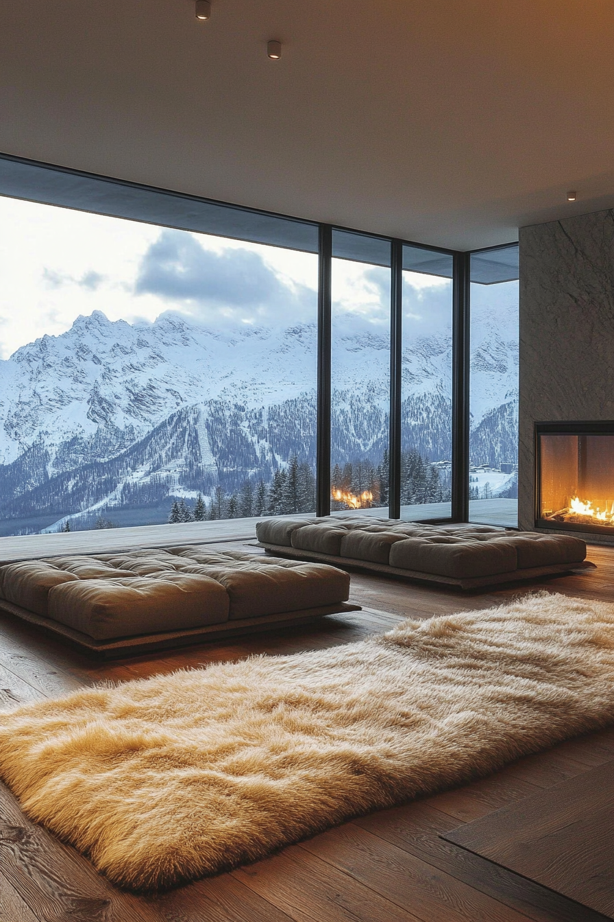 Contemporary Alpine living. Floor-to-ceiling glazed windows with mountain panorama.