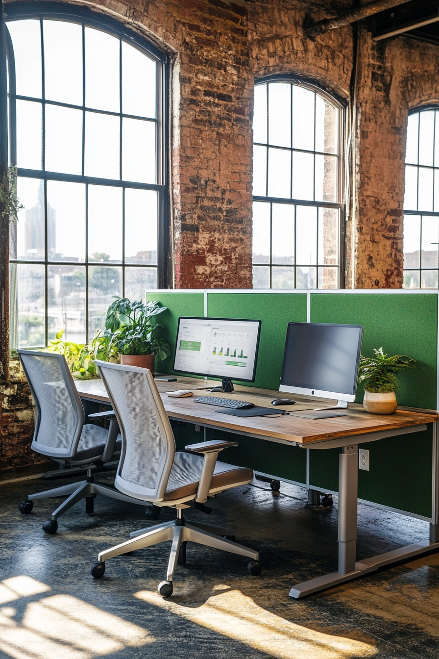 Remote workspace. Modular desk system beneath industrial windows, flanked by a vibrant green wall divider.