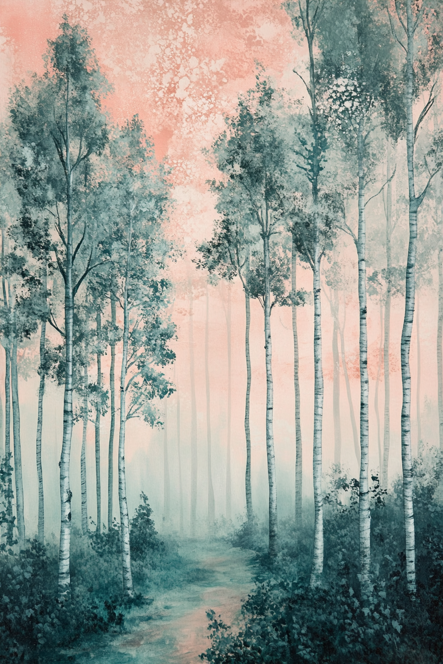 Baby room mural. Mint-green forest under a dusted pink sky.