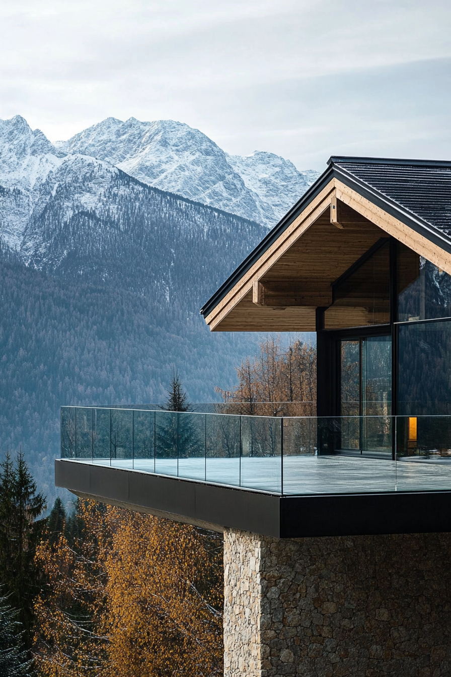 Contemporary Alpine home. Glass infinity balcony overlooking snow-capped mountains.