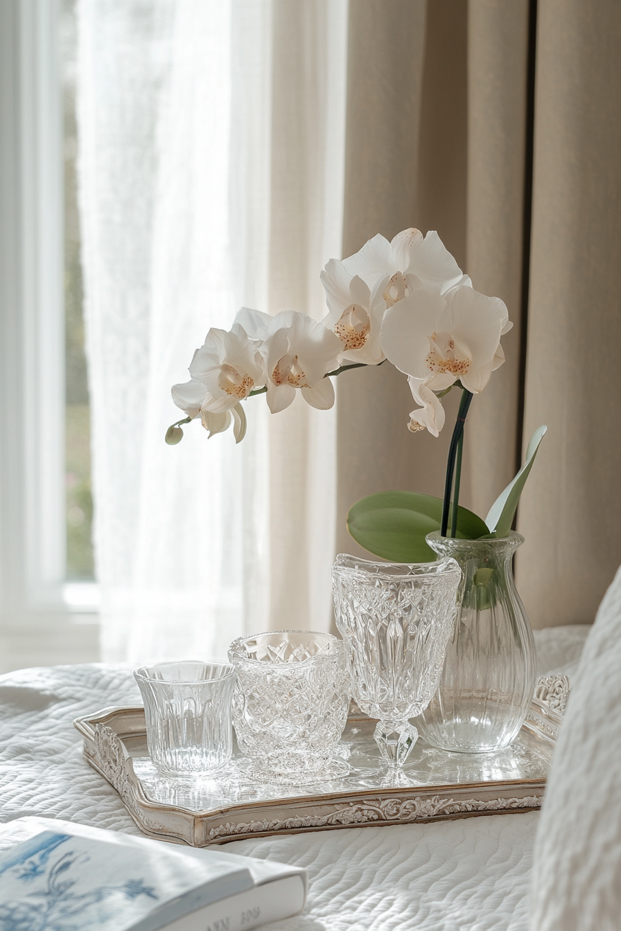 Luxurious bedside setup. Silk embroidered vintage tray, crystal glassware, orchid blossom in a porcelain vase.