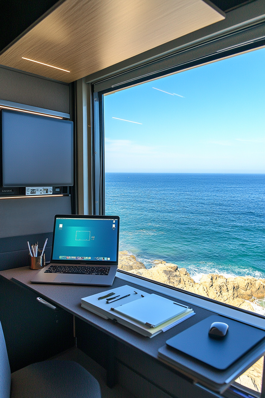 Mobile office. Solar-paneled convertible workstation facing a window with panoramic ocean view.