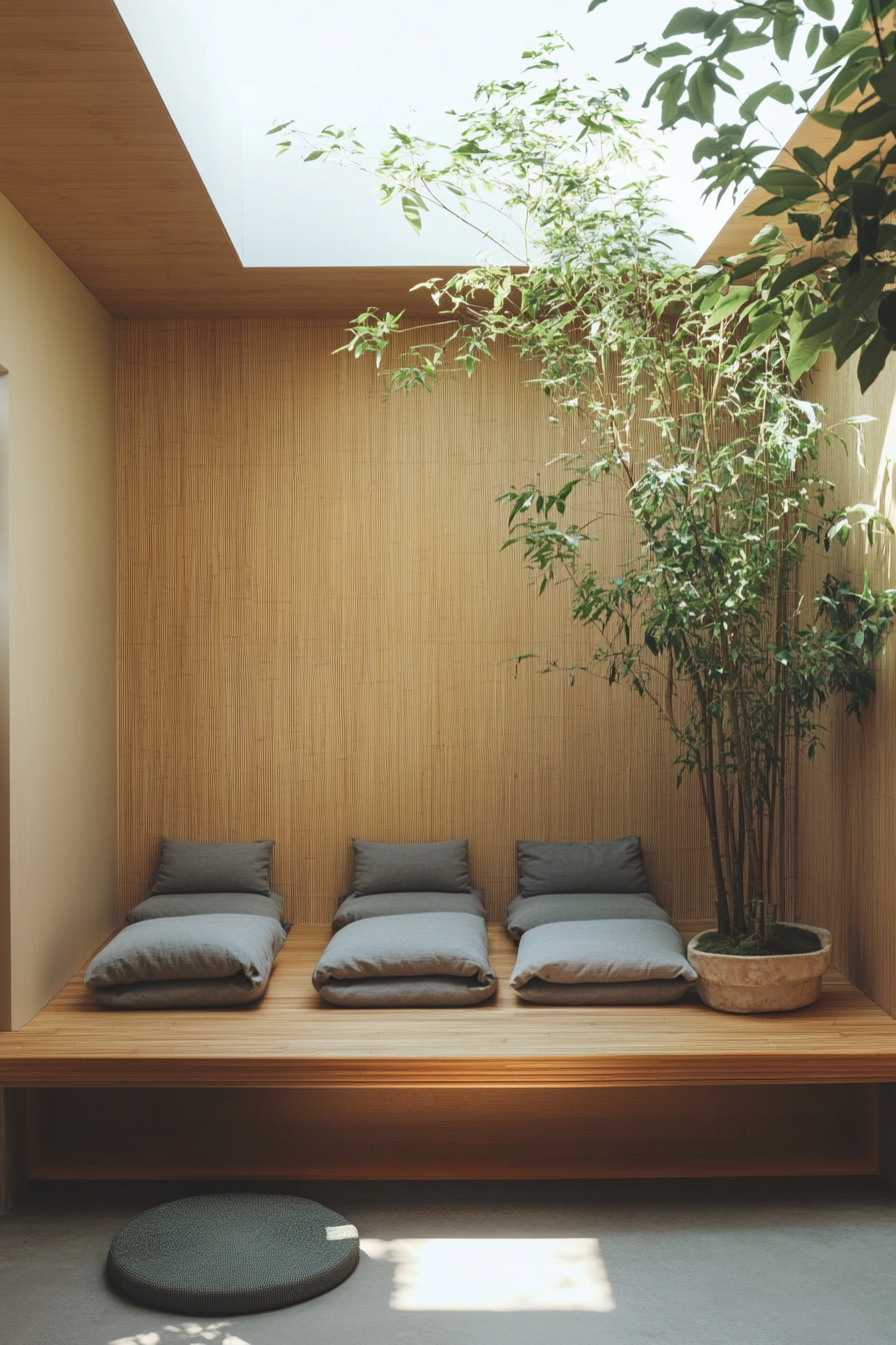 Compact meditation space. Skylight illuminating a built-in bamboo bench with floor cushion storage.