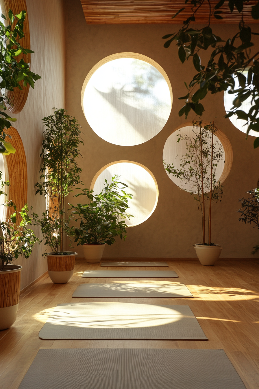 Yoga space. Bamboo mat, wall integrated potted plants, circular light through a dome window.