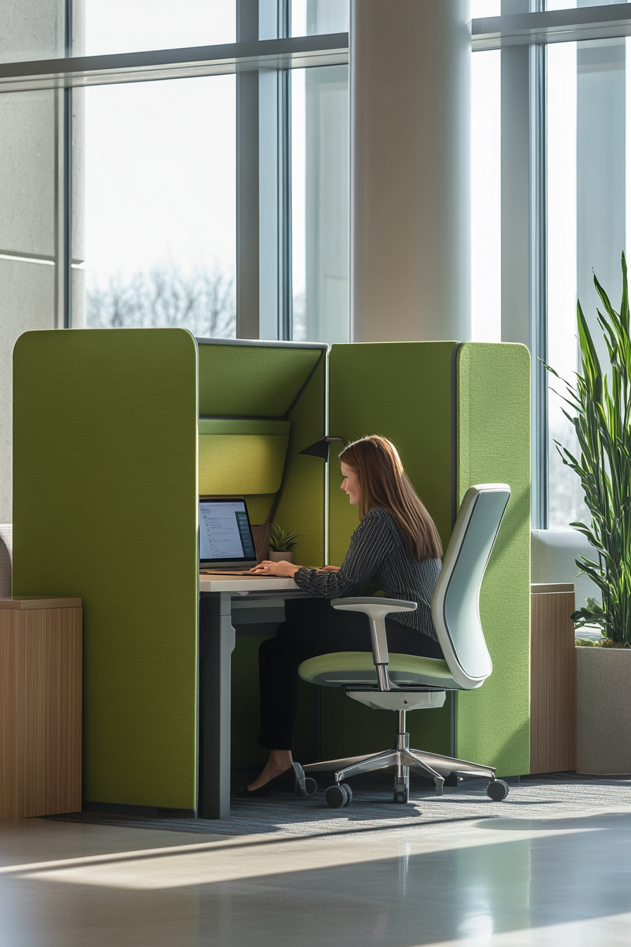 Remote workspace. Modular desk, green panel divider, under-window convertible meeting nook.