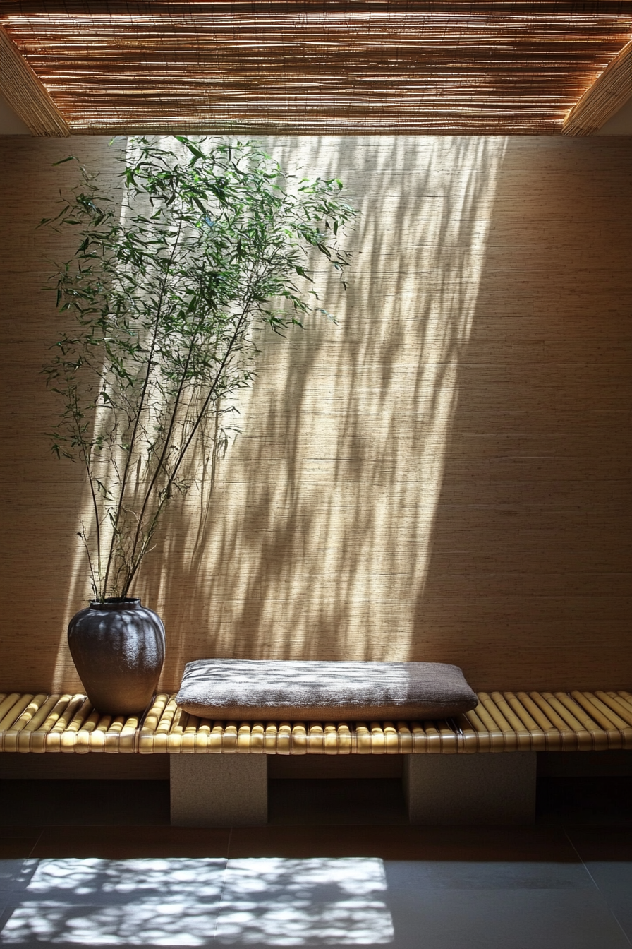 Compact meditation space. Built-in bamboo bench beneath a sunlight-dappled skylight.