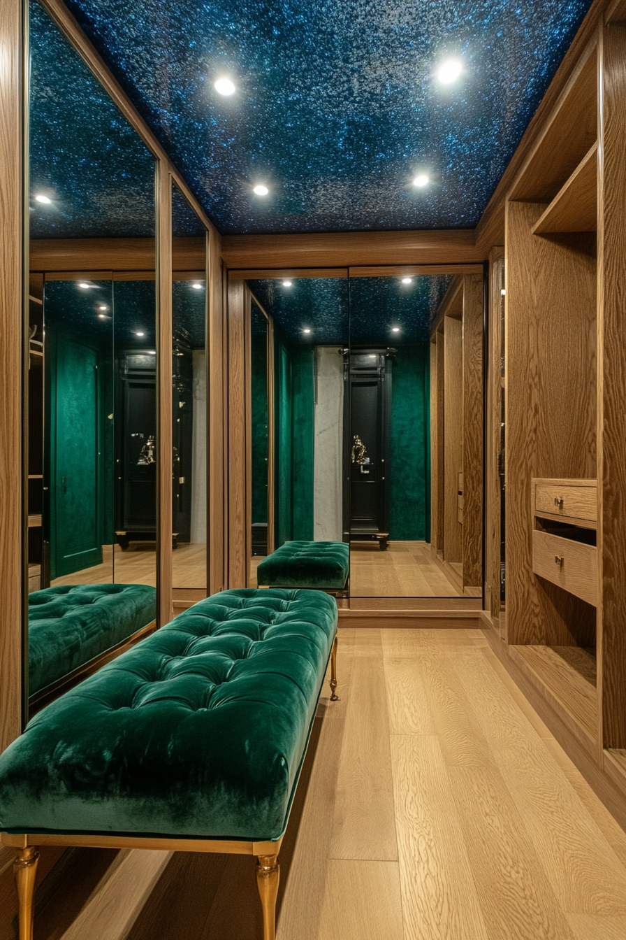 Walk-in closet. Emerald velvet bench, sapphire textured wallpaper ceiling, smart mirror technology.