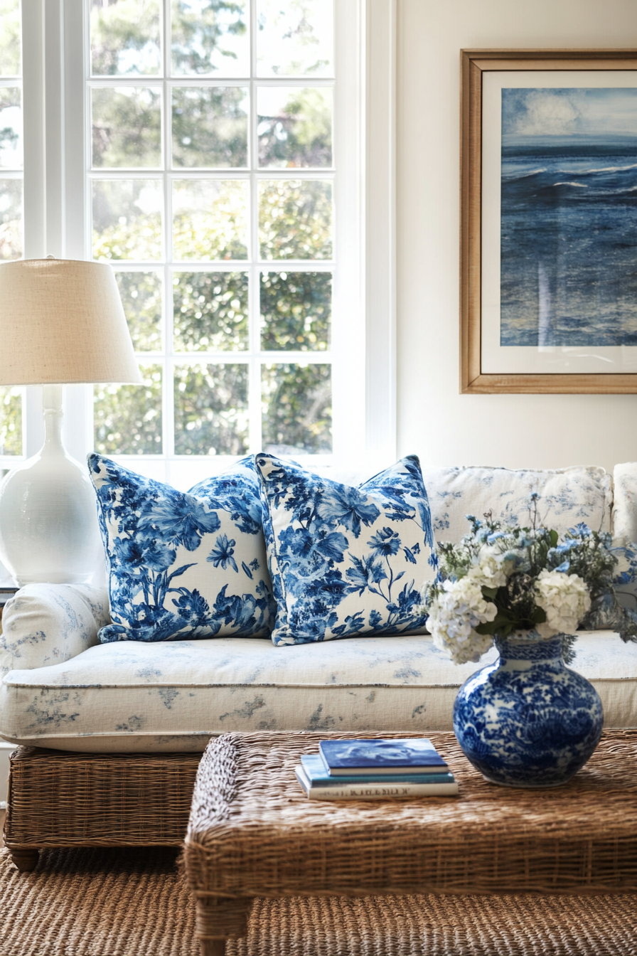 Coastal living space. Aged floral sofa with blue chinoiserie throw pillows and woven rattan rug.