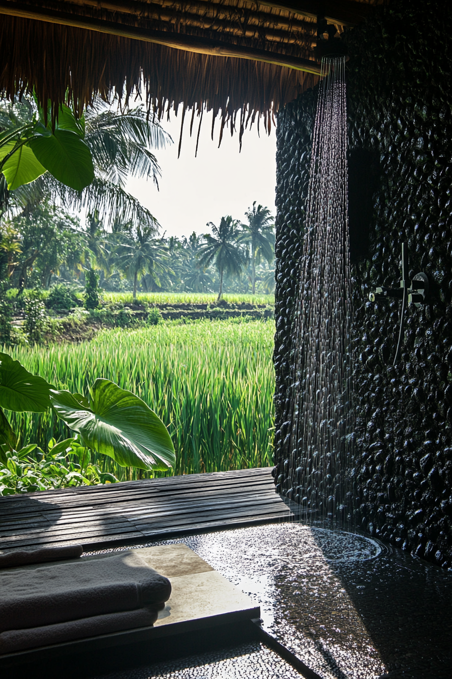 Outdoor shower. Black lava stone walls, teak platform, living orchid wall, rice paddy view.