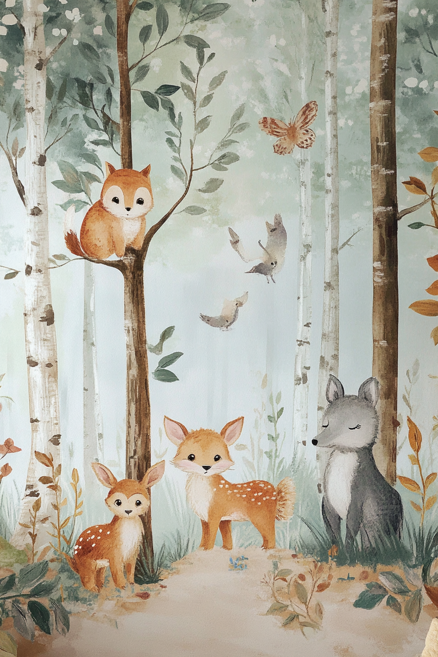 Baby room mural. Pastel-colored forest animals.