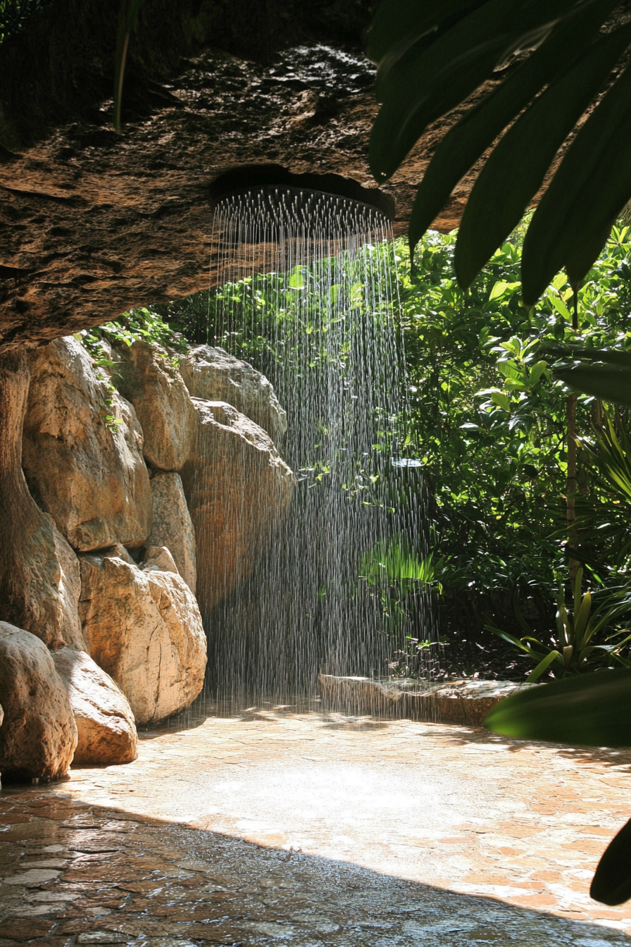 Outdoor shower. Natural rock formation, cascading showerheads, surrounding tropical vegetation.