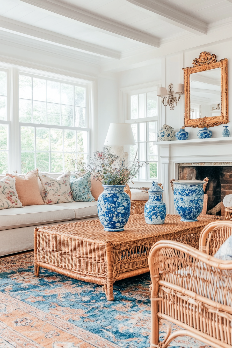 Coastal living space. Vintage faded floral rug, blue chinoiserie vases, woven rattan furniture.