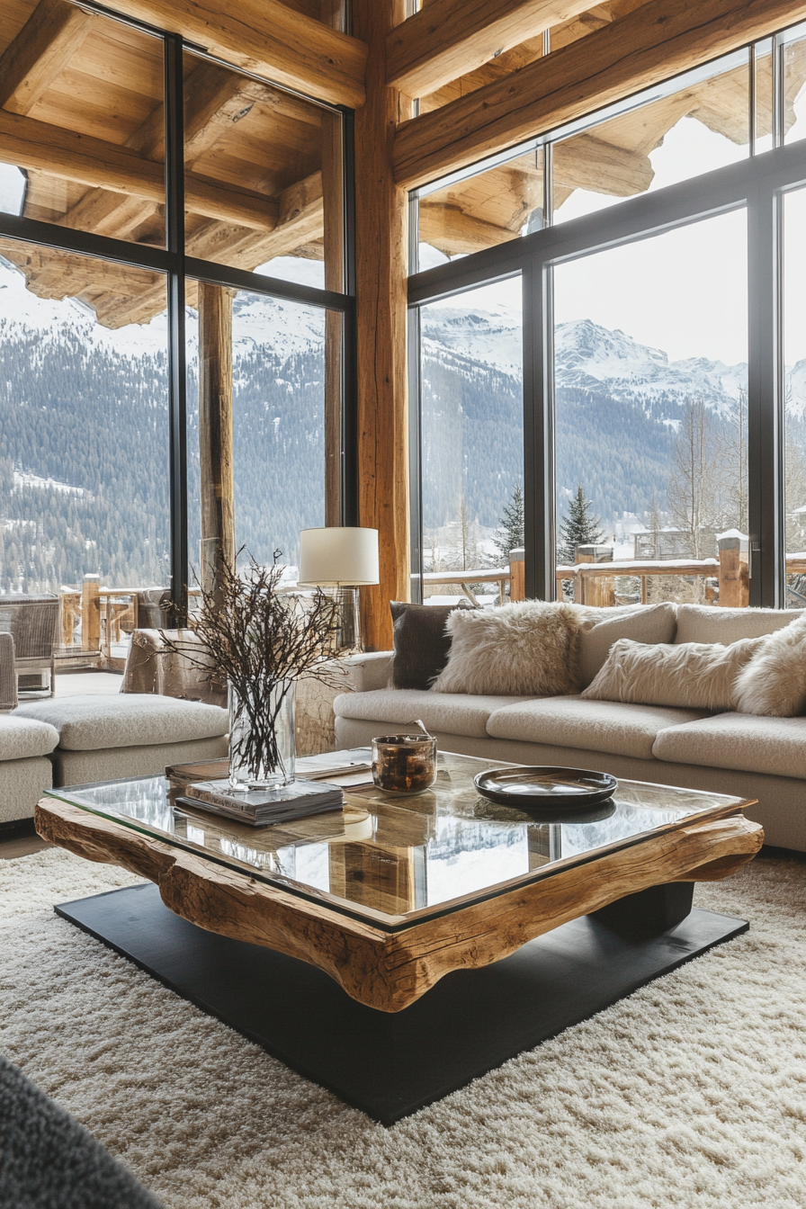 Contemporary Alpine living room. Encased in glass with birchwood coffee table.