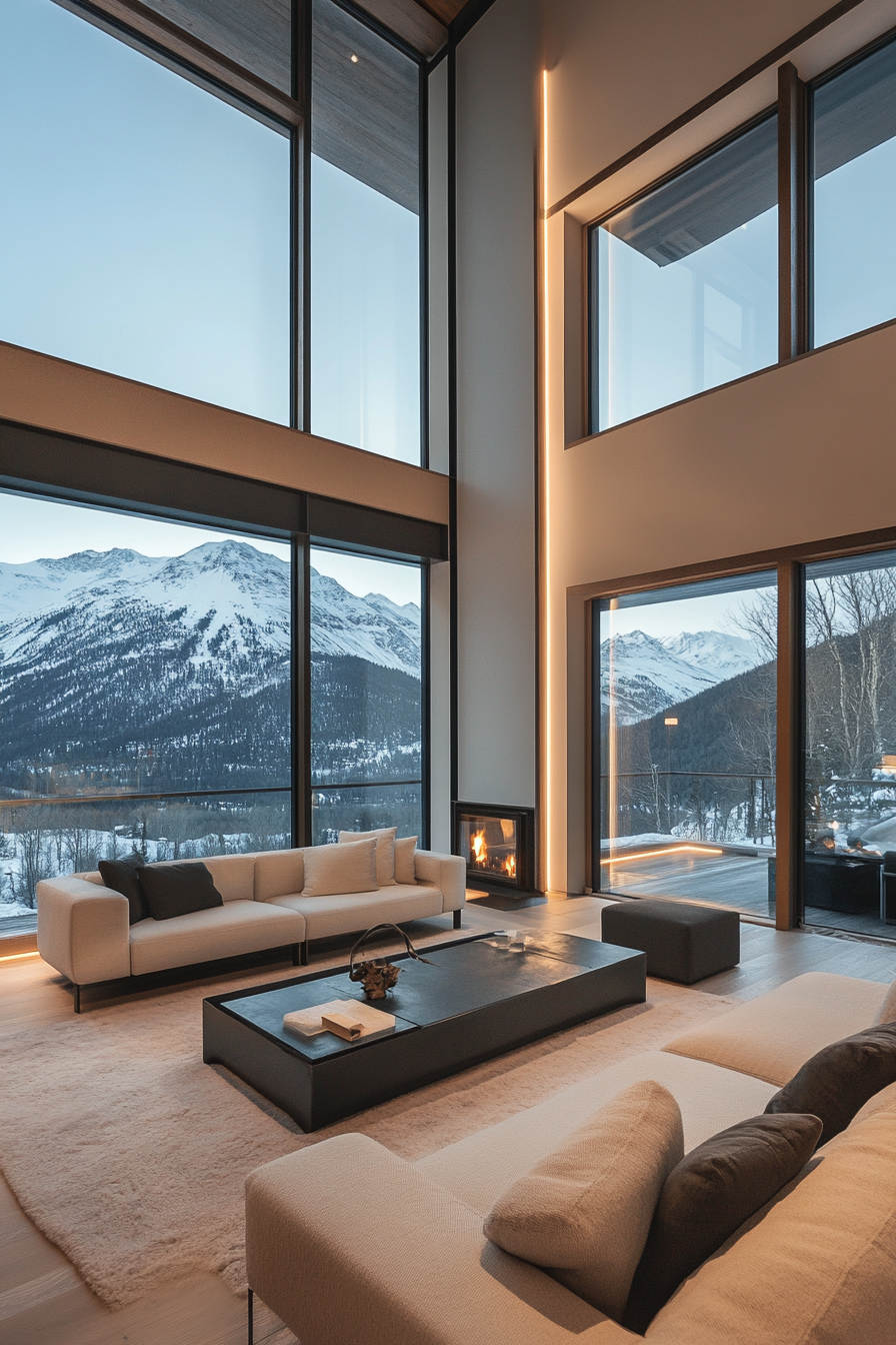 Contemporary Alpine living. Large floor-to-ceiling windows overlooking snowy peaks.