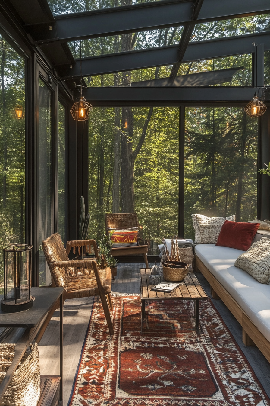 Modern enclosed porch. Industrial-style glass walls, Scandinavian teak furniture, patterned rugs, metallic accents.