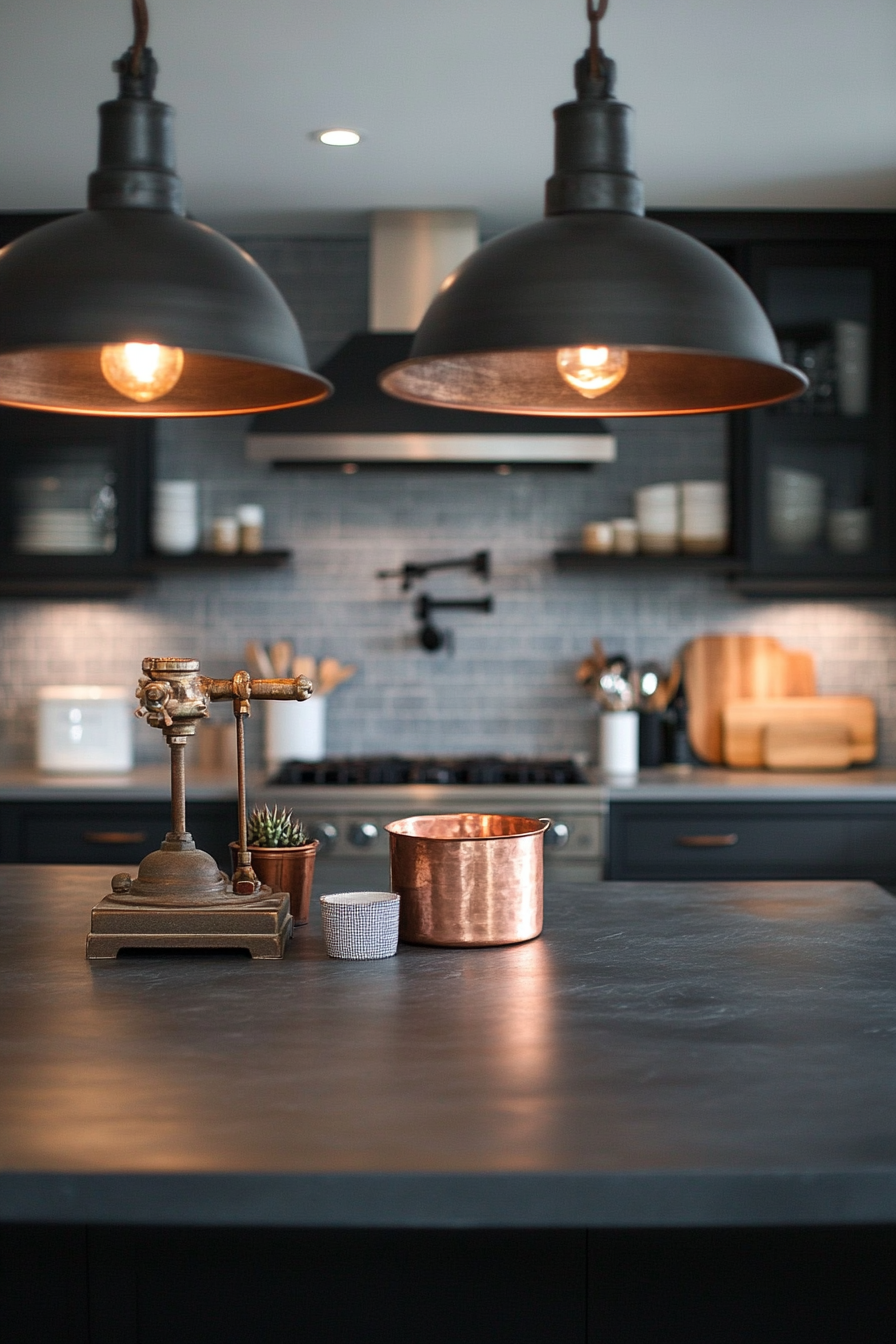 Welcoming kitchen. Soapstone countertops, copper vessels, vintage scale, industrial pendants.