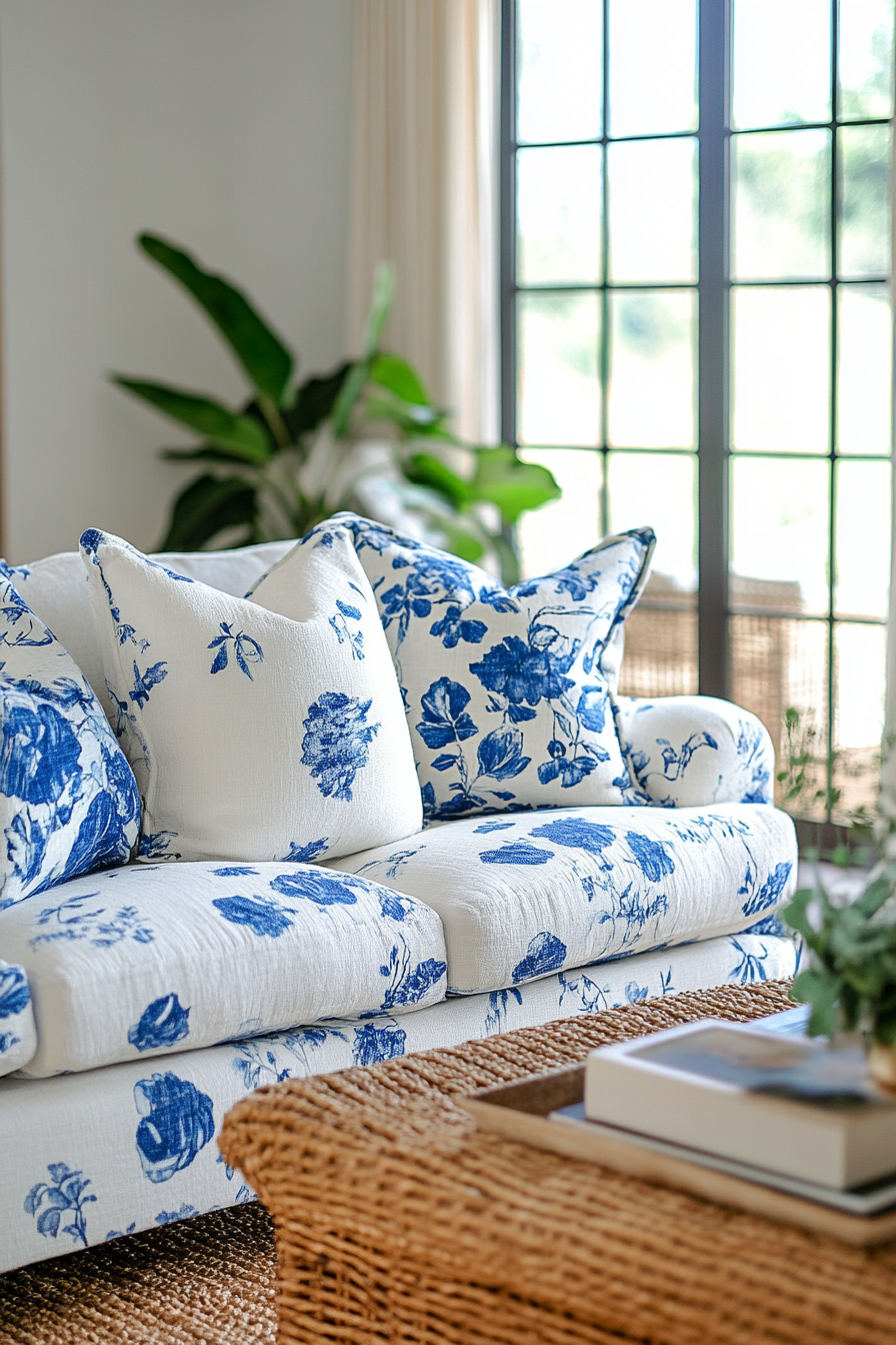 Coastal living space. Vintage floral sofa with blue chinoiserie pillows and woven rug.