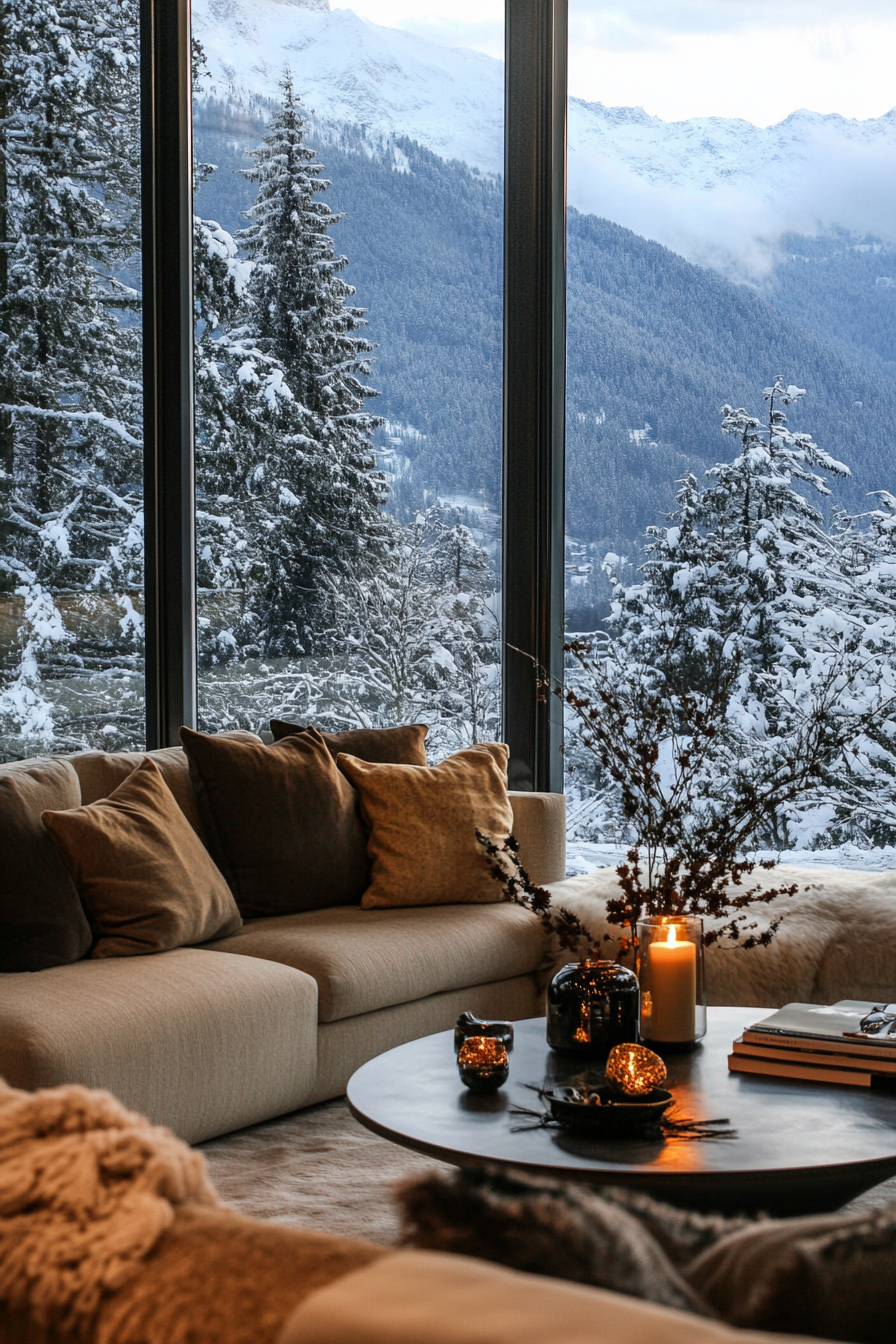 Contemporary alpine living room. Panoramic windows capturing mountain vista.