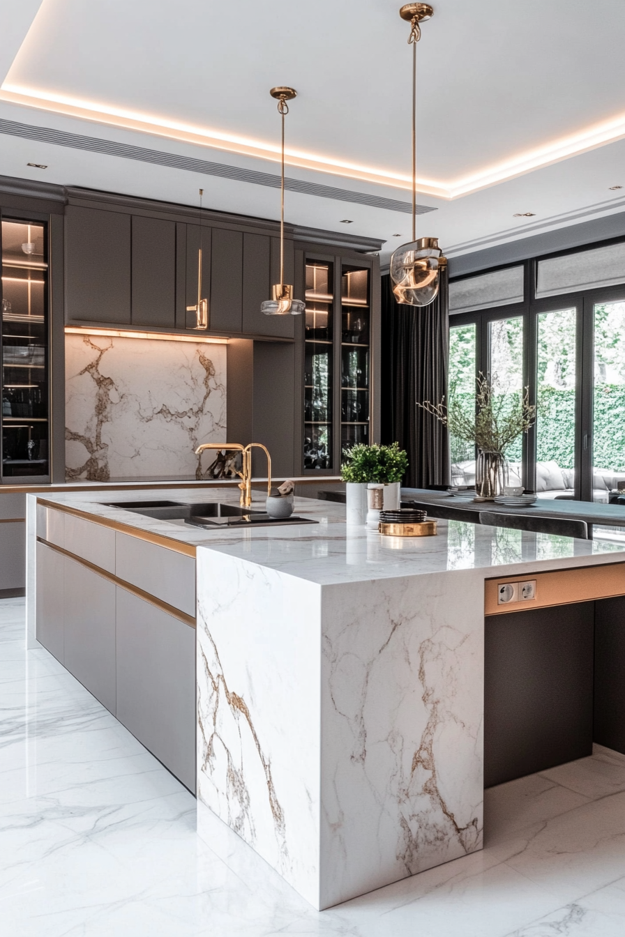 Premium kitchen design. Marble countertops with gold accents.