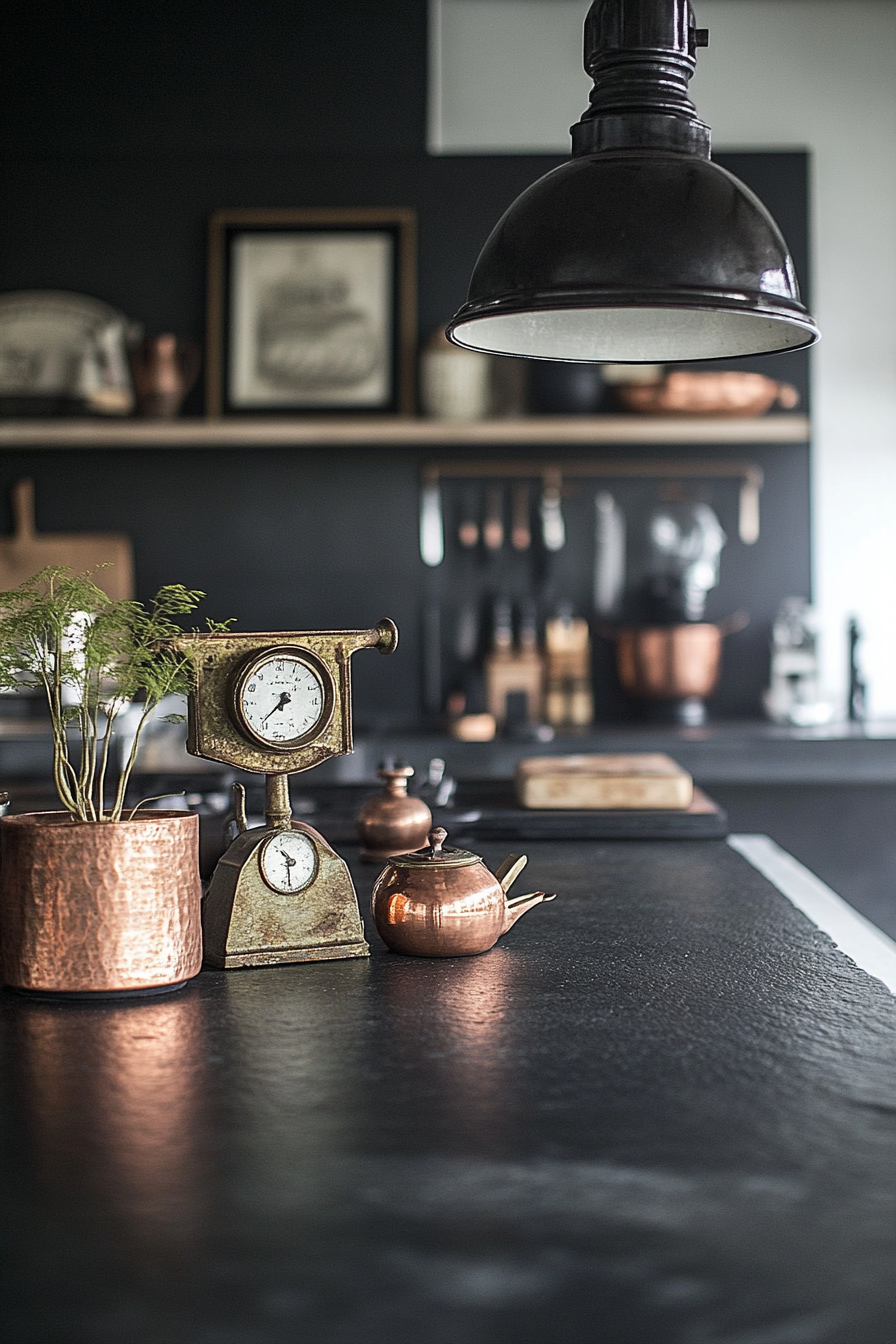 Kitchen. Soapstone countertops with collected copper vessels and vintage scale display under industrial pendants.