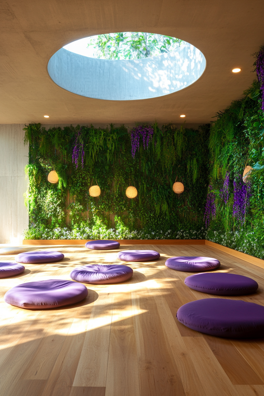 Yoga space. Bamboo flooring, circular skylight, lavender meditation cushions beneath blooming vertical garden.