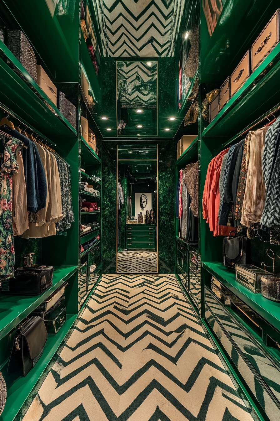 Walk-in closet. Hunter green velvet tones, chevron pattern wallpaper ceiling, innovative interactive smart mirror.