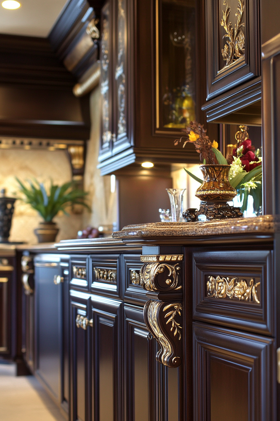 Premium Kitchen Design: dark mahogany cabinets with gold accents.