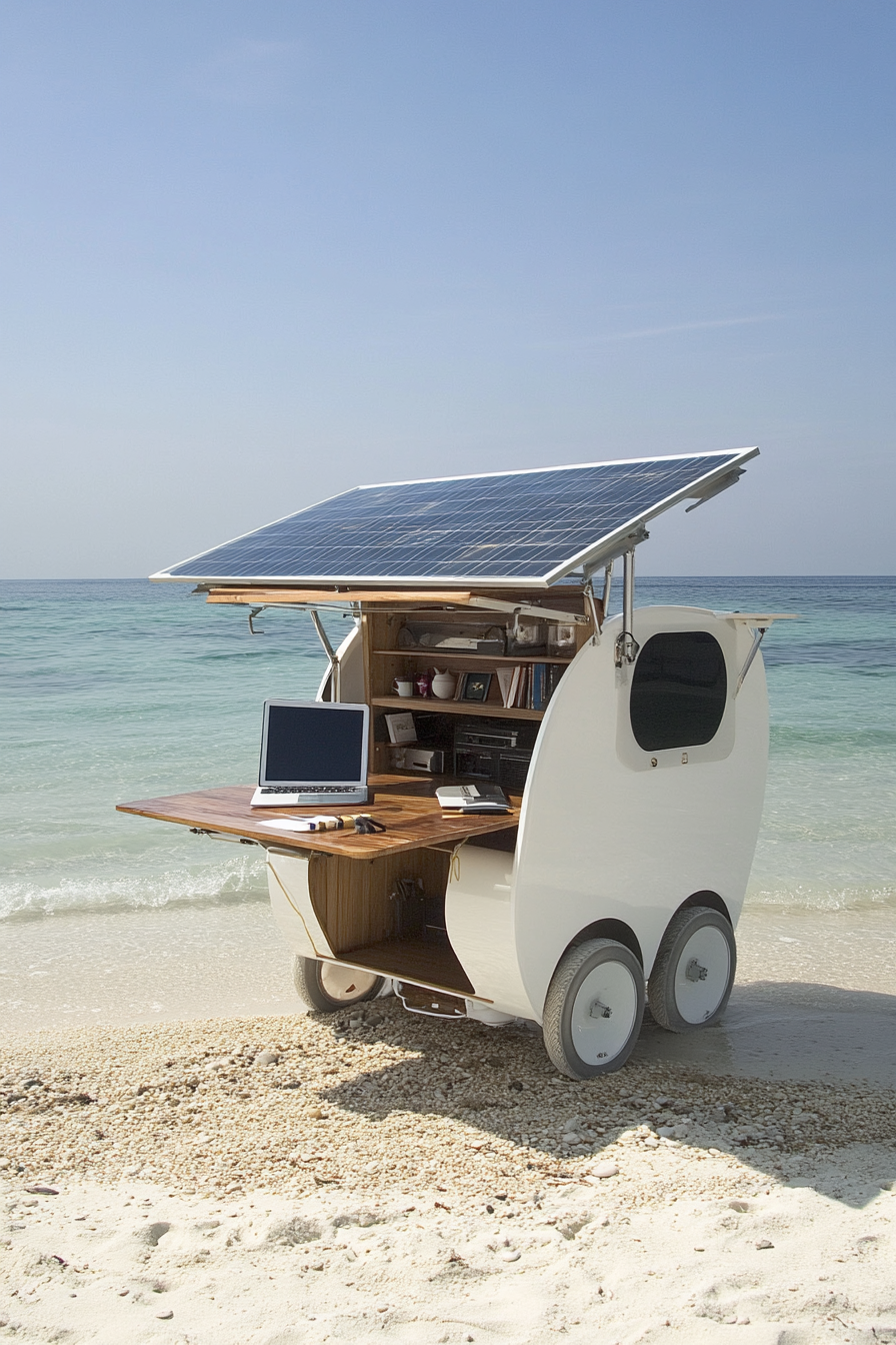 Mobile office. Convertible desk on beach, laptop powered by solar panels.