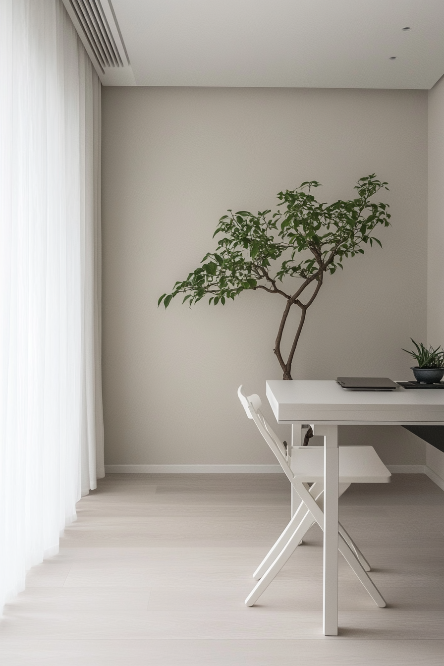 Minimal living space. White expandable table and foldable chair with Bonsai Tree Corner.